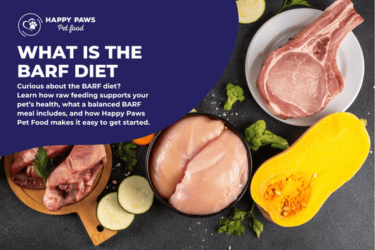 Raw BARF meal ingredients with visible chunks of meat, organ, and vegetables.