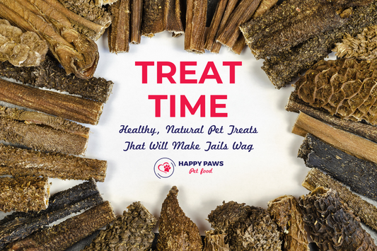 A variety of natural pet treats, including air-dried meats and chews, showcasing healthy snack options for dogs and cats.