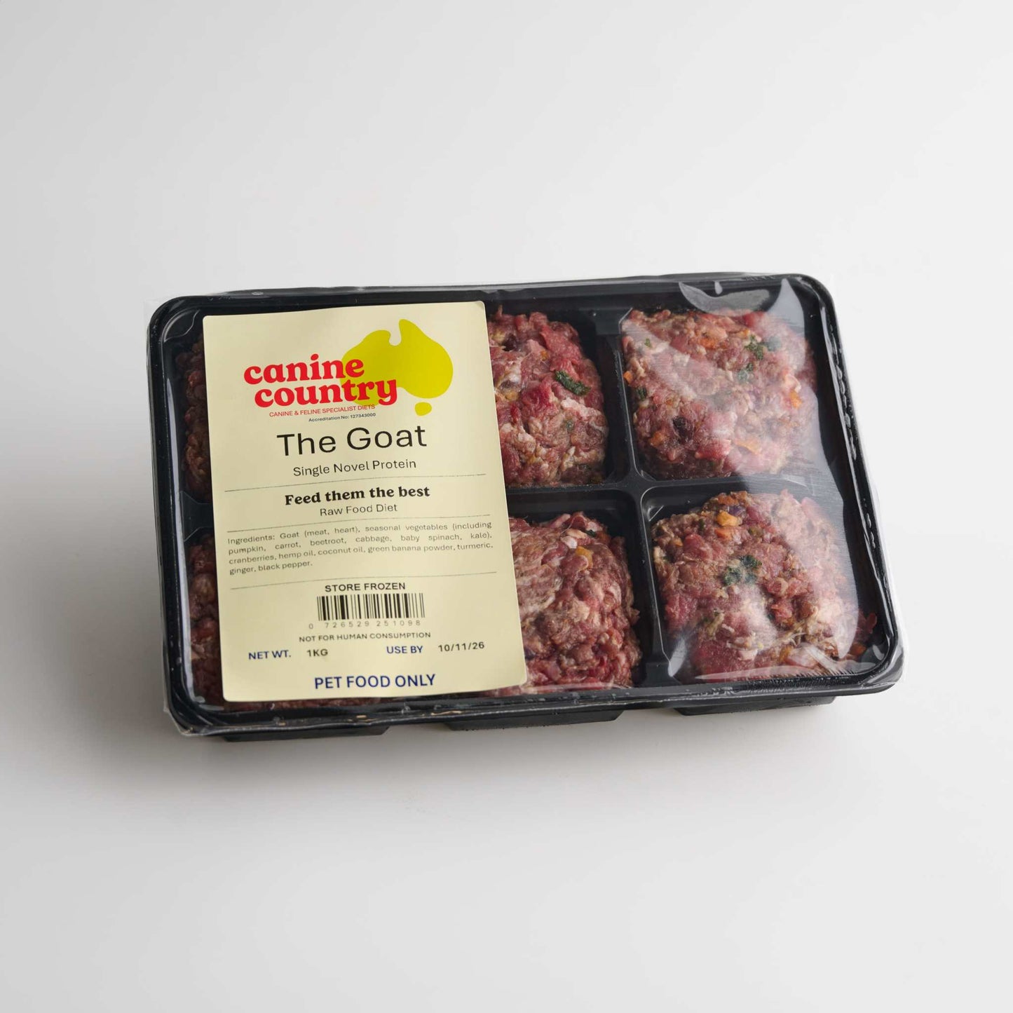 The Goat BARF dog food with goat meat, vegetables, antioxidants, and omega oils for sensitive dogs