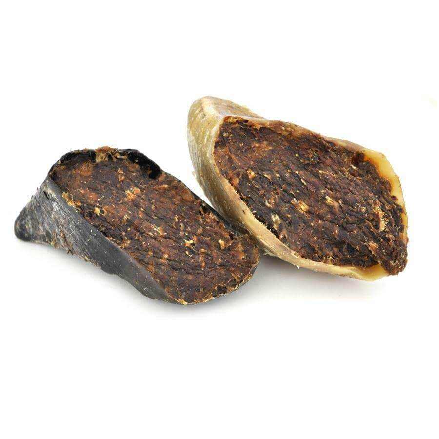 Beef stuffed beef hooves dog treat available in Kangaroo, Chicken, or Beef flavors for long-lasting entertainment