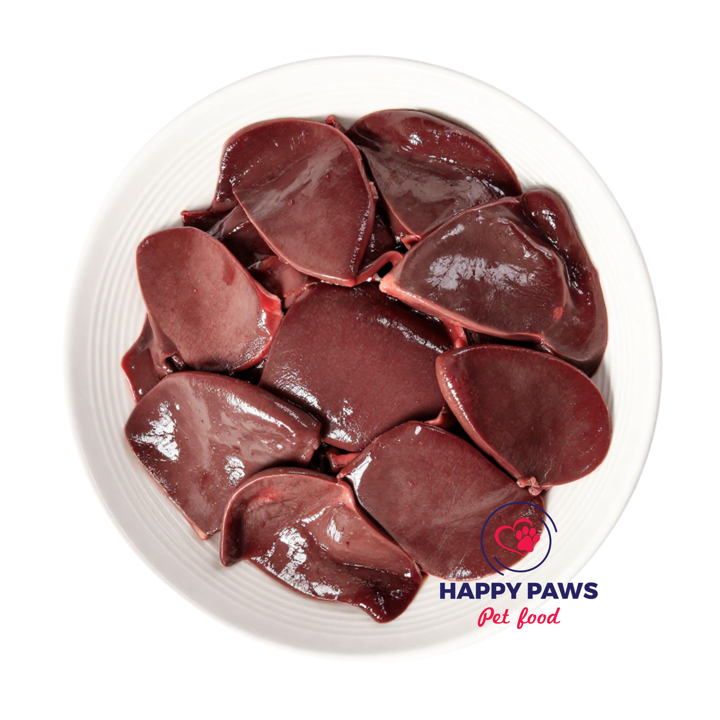 Raw pet liver slices piled on a white plate, with the Happy Paws Pet Food logo in the bottom right corner.