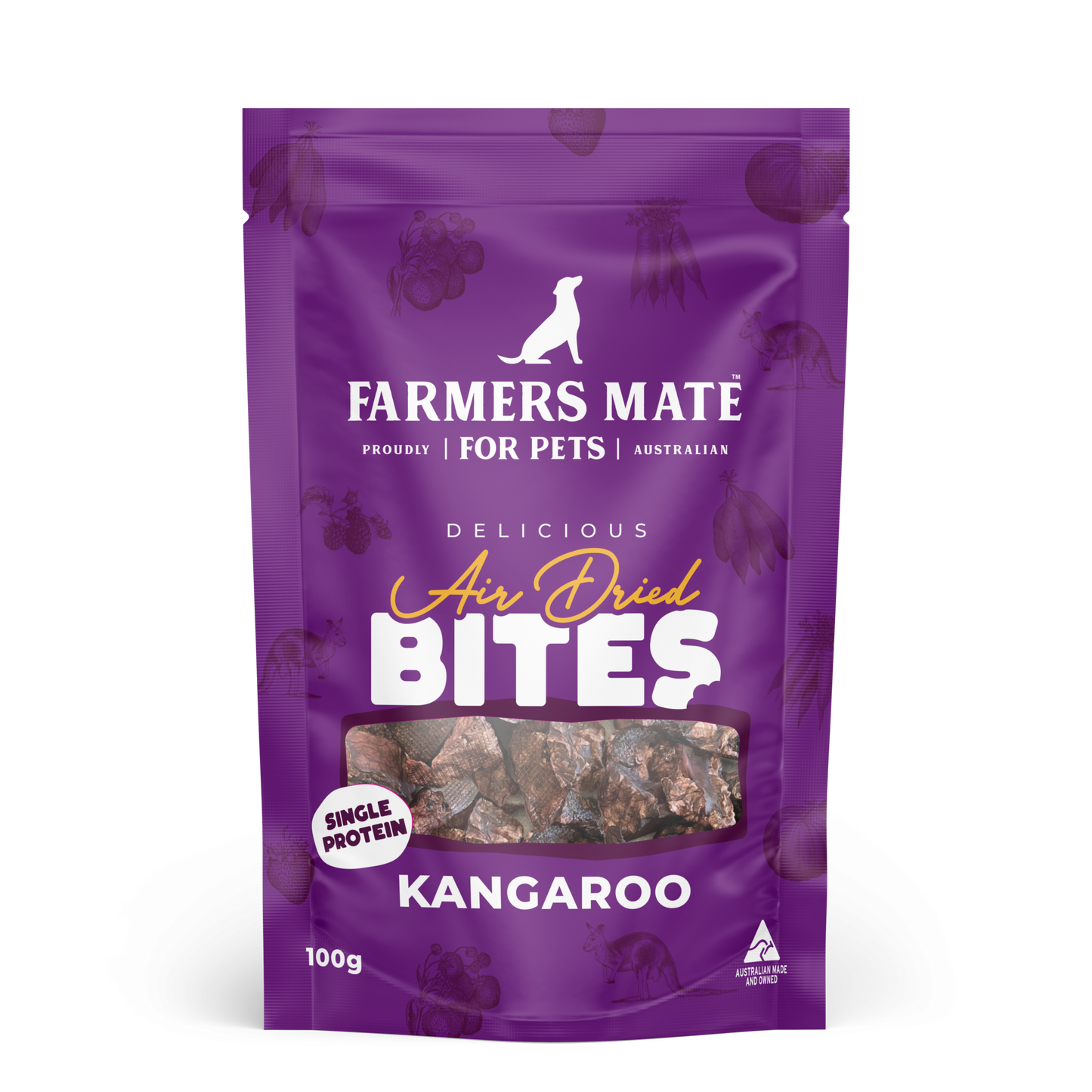 Farmers Mate Air Dried Kangaroo Bites crunchy dog treats with premium Australian kangaroo and natural ingredients