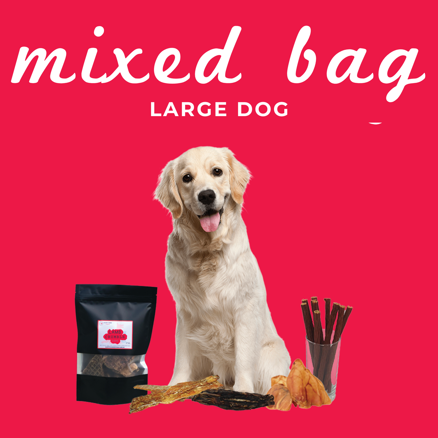 Mixed Treat Bag Dog with Beef Hoof, Beef Ears, Lamb Crumble, and Fish Sticks for medium to large dogs