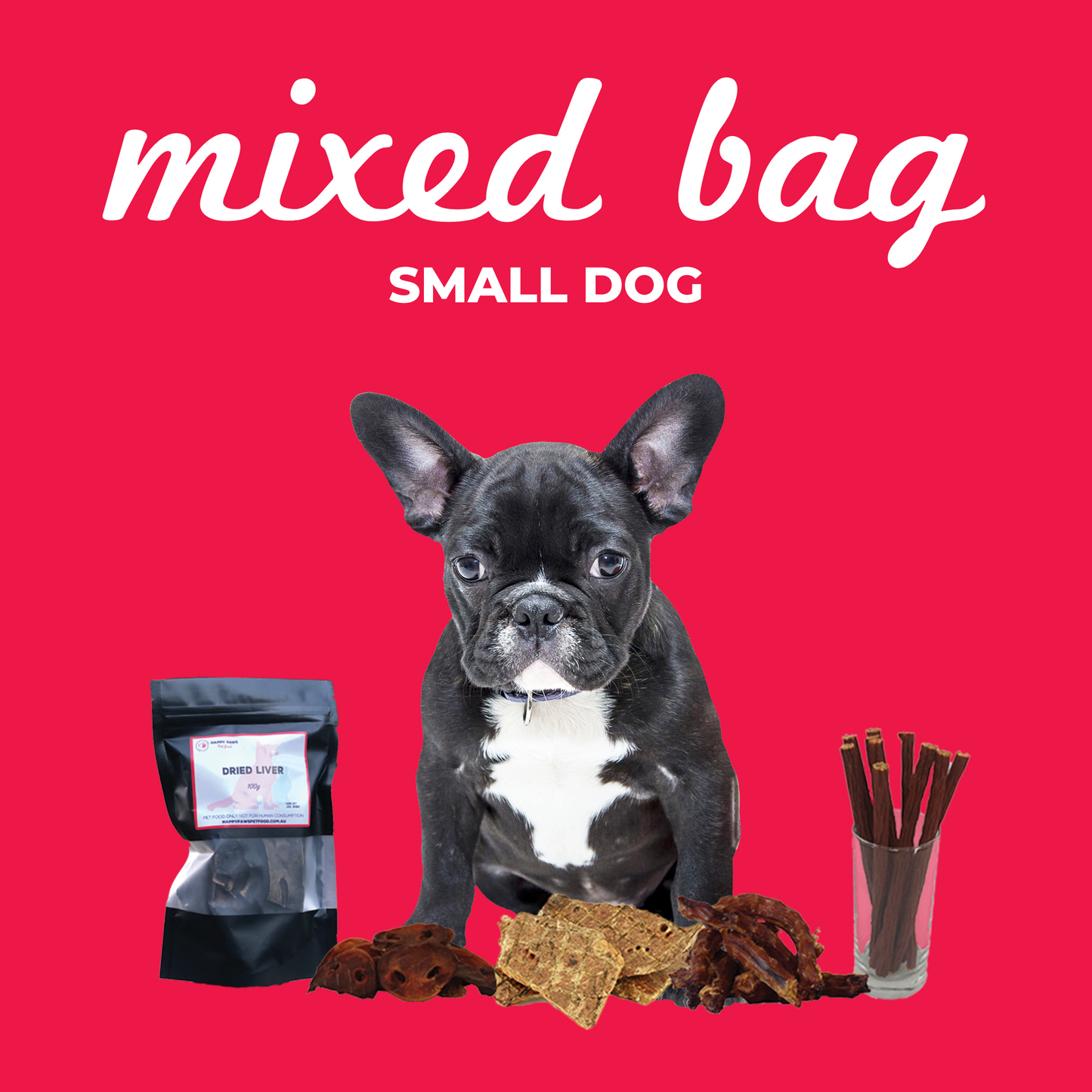 Mixed Treat Bag for small dogs with pig snouts, chicken sticks, beef liver, and stuffed beef hoof treats