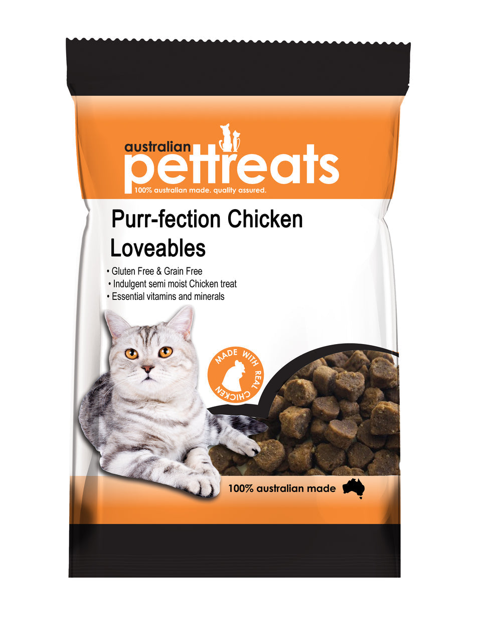 PurrFection Chicken Loveables 80g gluten-free cat treats with Australian chicken meat and essential vitamins
