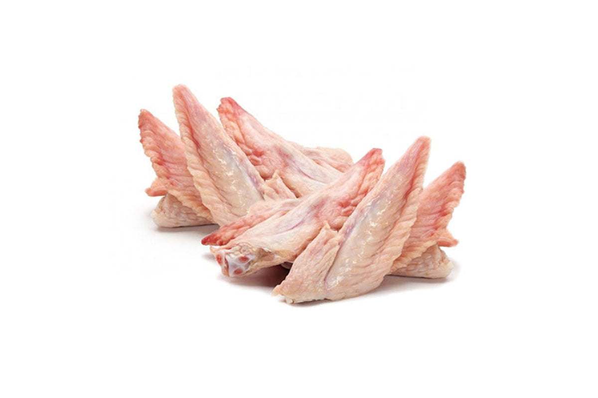 Raw chicken wing tips arranged on a white background, high-protein pet food option, 1kg pack.