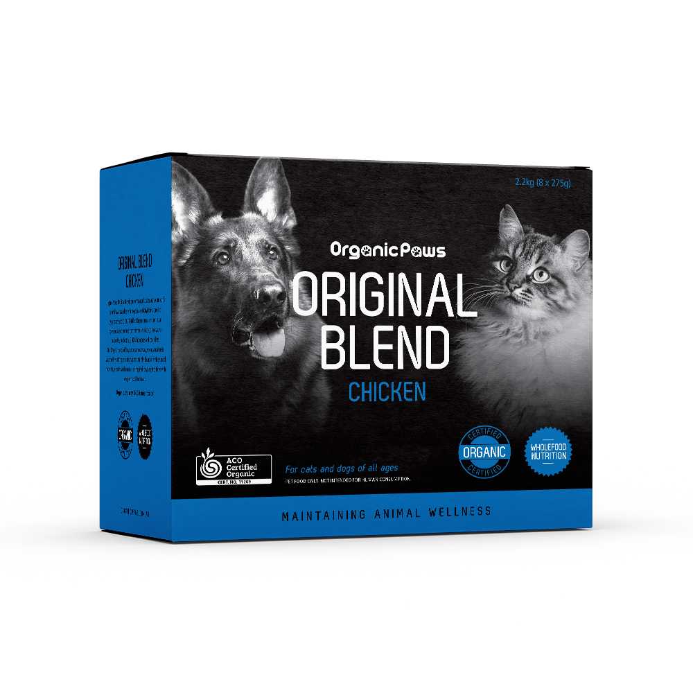 OrganicPaws Original Blend Chicken Recipe pet food box for cats and dogs.
