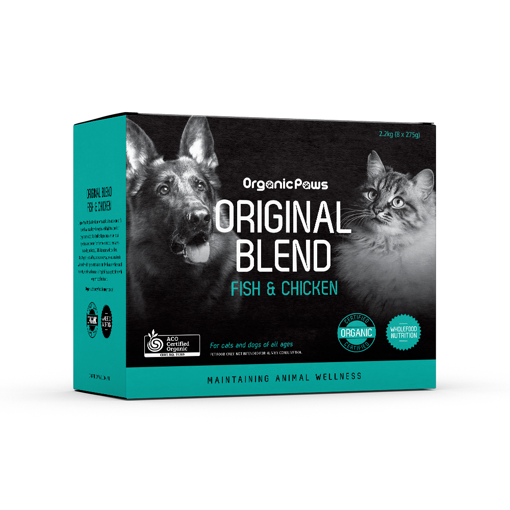 OrganicPaws Original Blend Fish & Chicken Recipe pet food box with dog and cat images