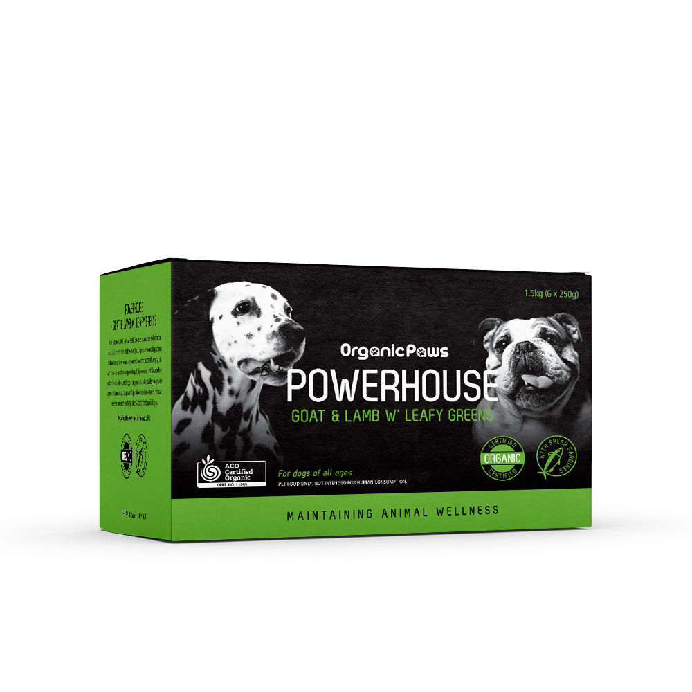 Powerhouse Goat & Lamb organic dog food box with Dalmatian and bulldog images, maintaining animal wellness, 1.5kg packaging