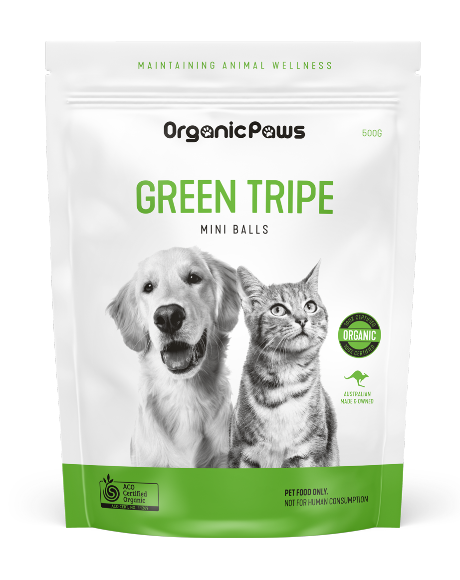 OrganicPaws Green Tripe Mini Balls 500gm pet treat for dogs and cats in white and green packaging