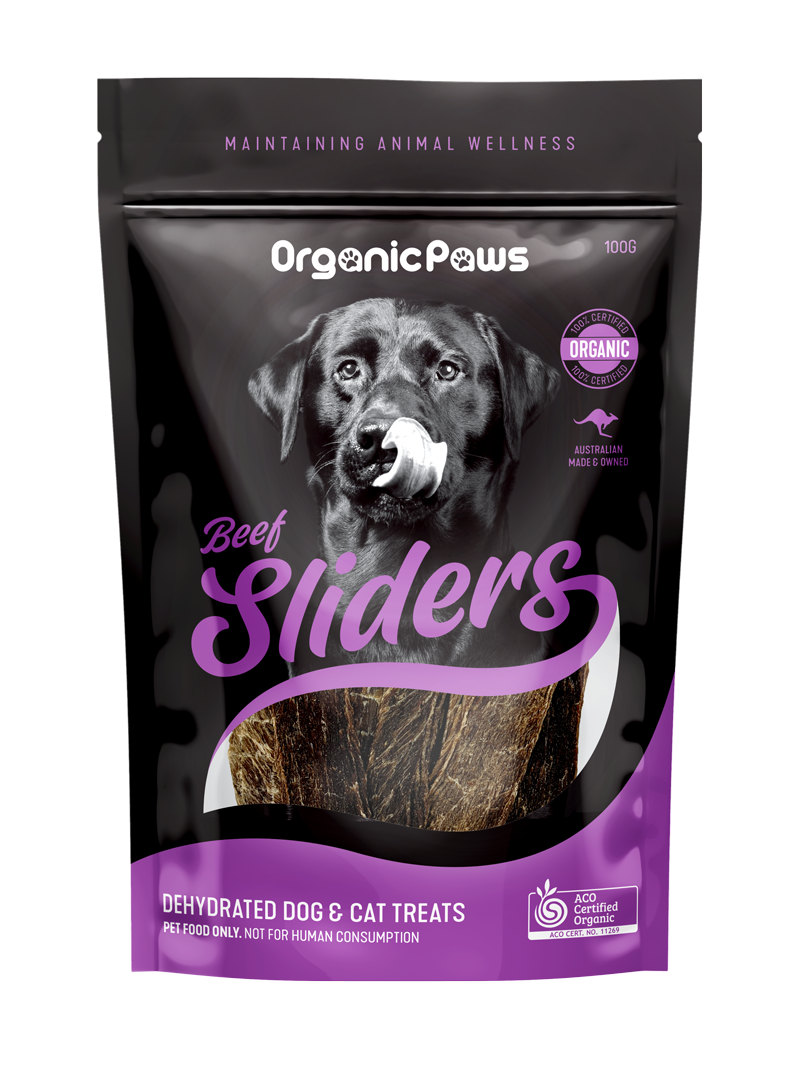 OrganicPaws Beef Sliders 100g dehydrated dog and cat treats with certified organic beef packaging