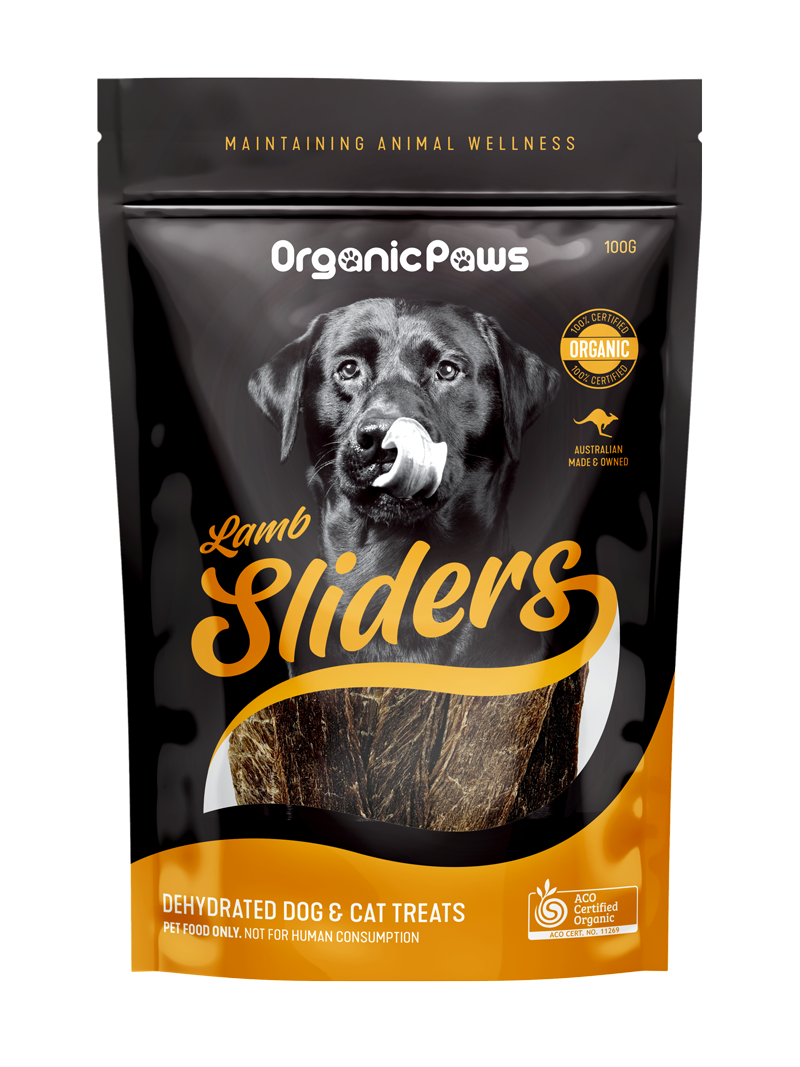 Organic Paws Lamb Sliders 100g dehydrated dog and cat treats made with 100% certified organic lamb meat
