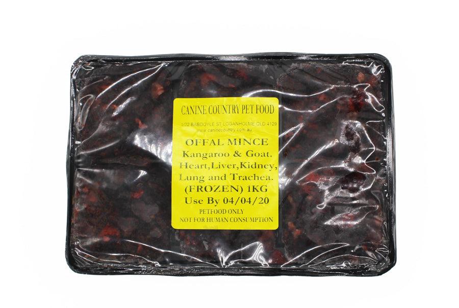 Kangaroo and goat offal mince pet food pack with liver, heart, kidney, lung, and trachea, frozen 1kg portion