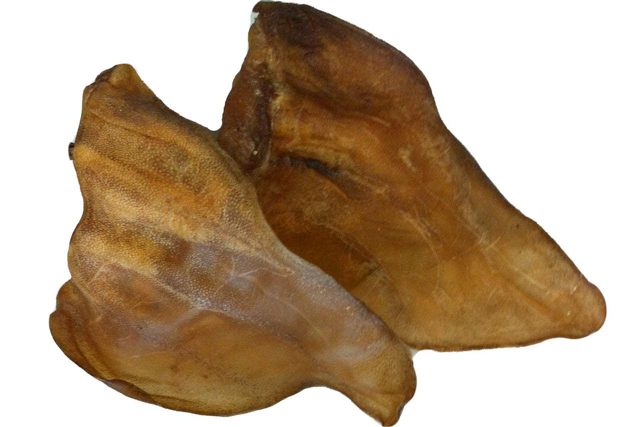 Two natural dried cow ears dog treats on white background