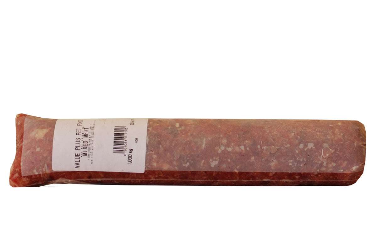 1kg roll of mixed meats including chicken, beef, and roo mince with soft bones and cartilage