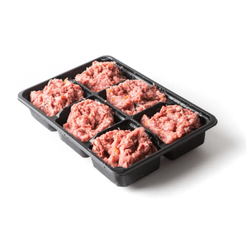 Aussie BARF Roo raw minced meat pet food in divided black plastic tray