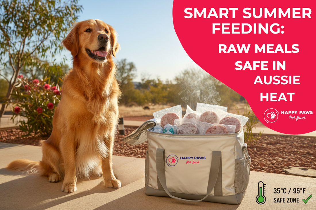 Happy dog sitting beside Happy Paws branded box of frozen raw BARF pet food in Australian summer heat, illustrating safe handling of raw meals during hot weather