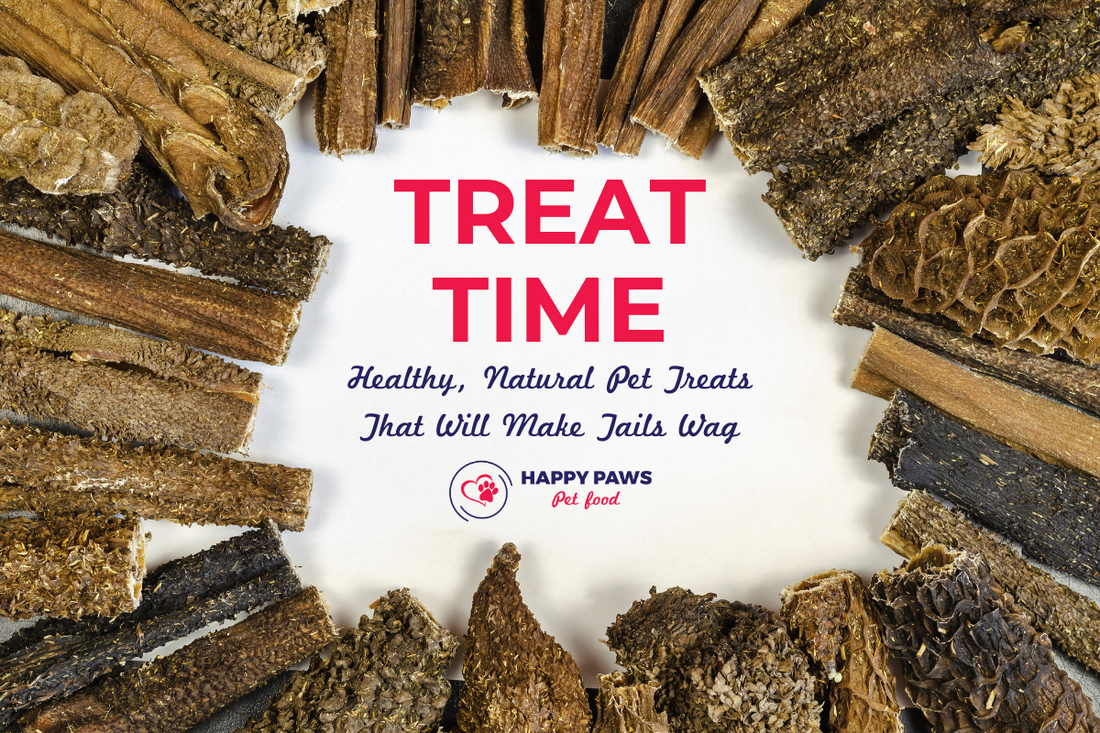 A variety of natural pet treats, including air-dried meats and chews, showcasing healthy snack options for dogs and cats.