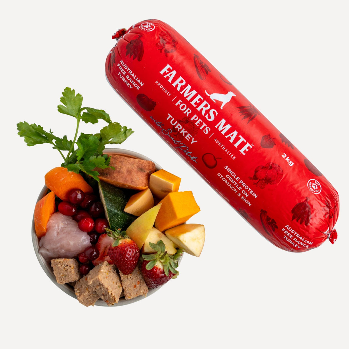 2KG Turkey ROLL single protein pet food with free range turkey, sweet potato and zucchini served in a bowl