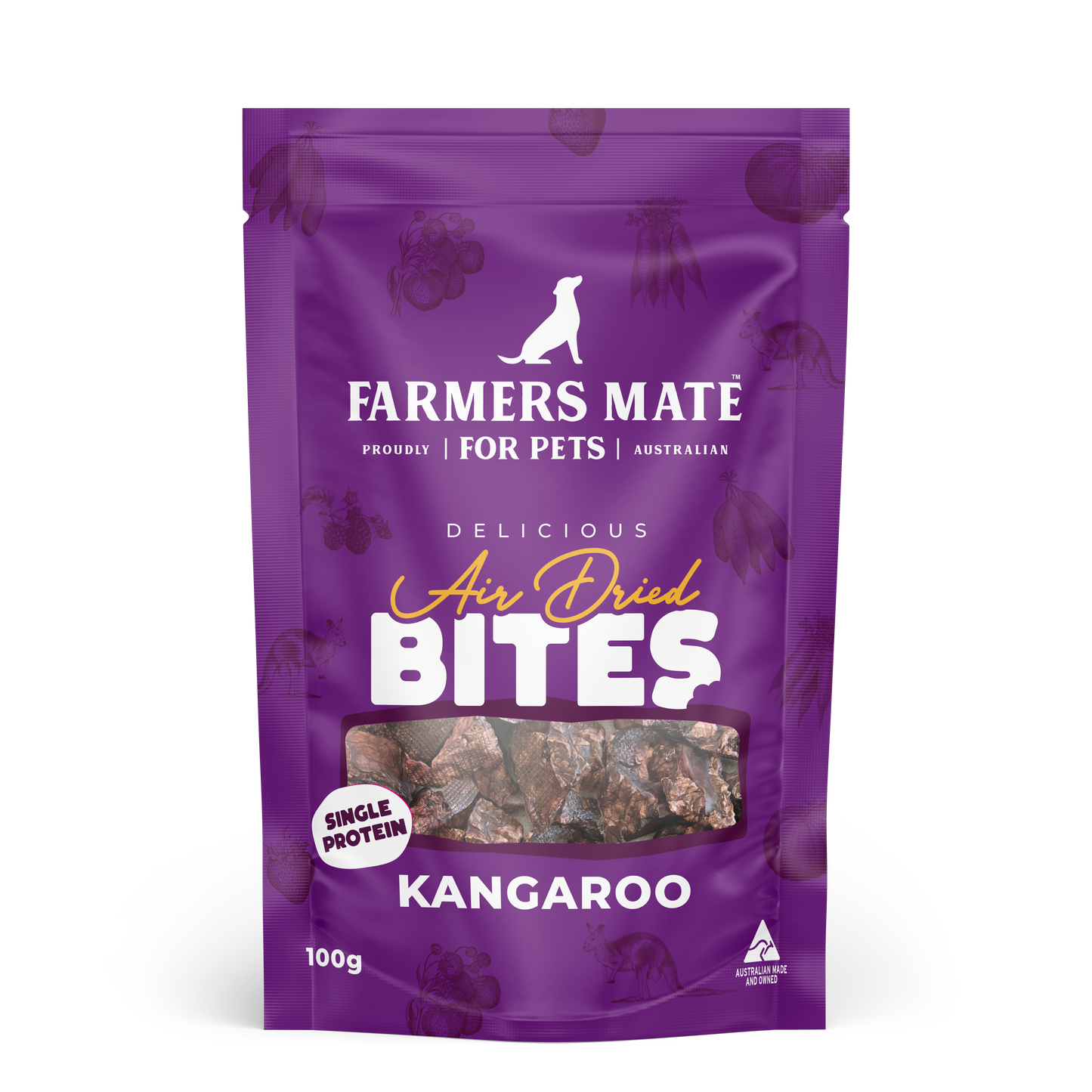 Farmers Mate Air Dried Kangaroo Bites crunchy dog treats with premium Australian kangaroo and natural ingredients