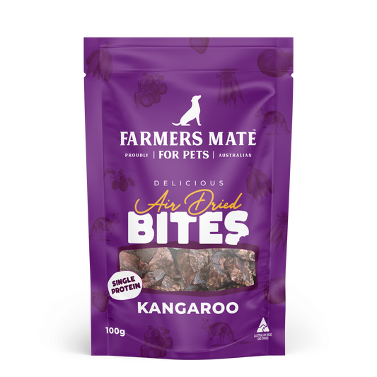 Farmers Mate Air Dried Kangaroo Bites crunchy dog treats with premium Australian kangaroo and natural ingredients