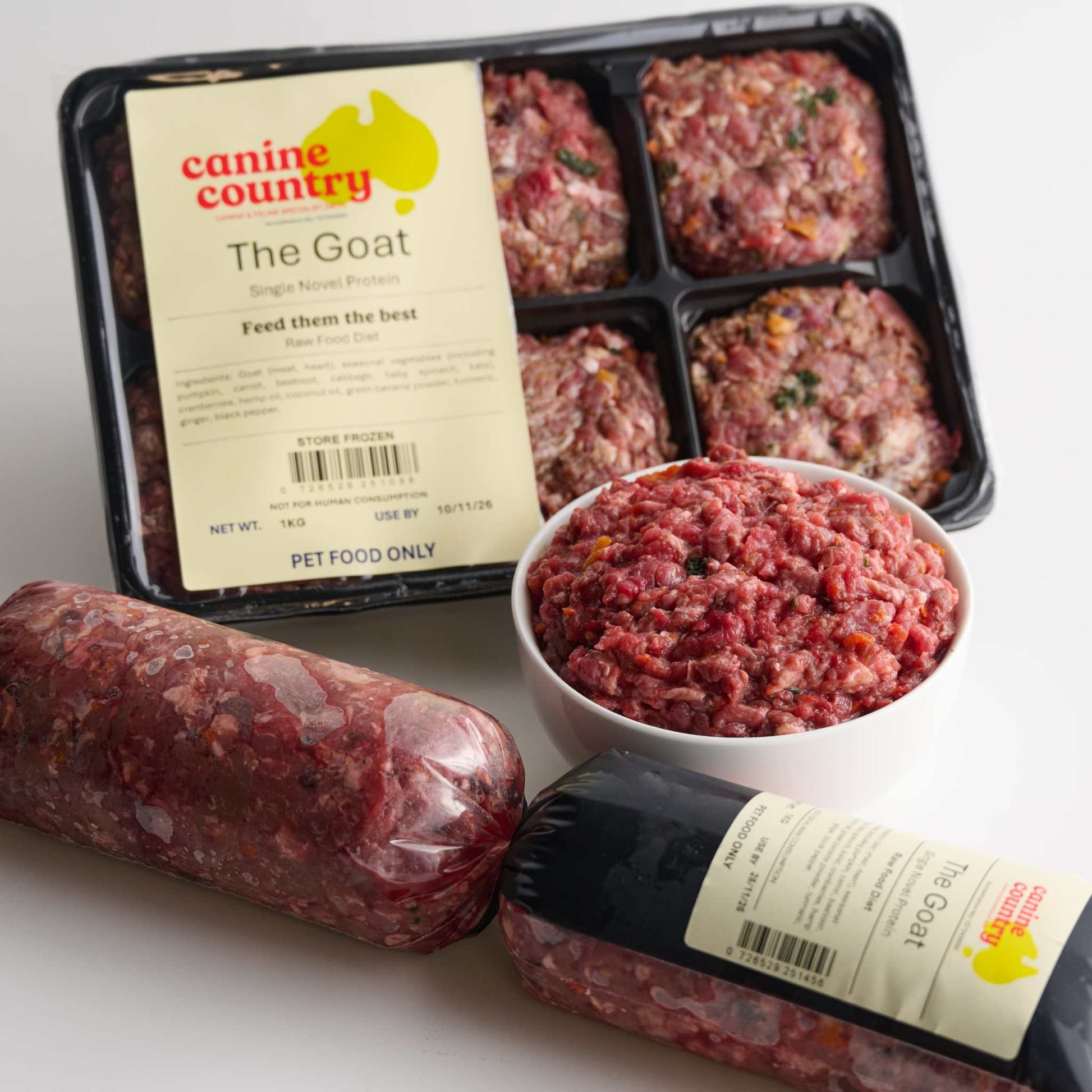 The Goat BARF dog food with goat meat, vegetables, and anti-inflammatory ingredients for sensitive dogs