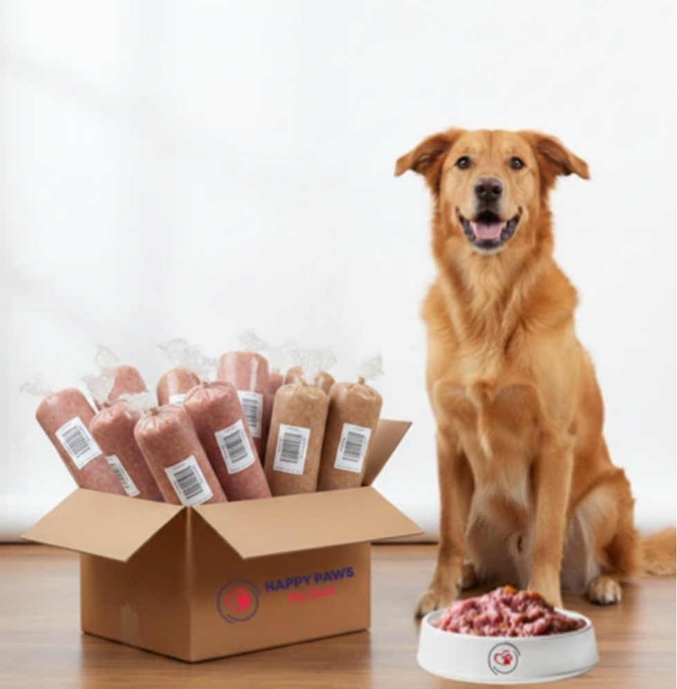 A golden retriever dog sits beside an open Mix box of 12 filled with packaged Ultimate Chicken Beef  and ultimaate Chicken and Pork raw dog food