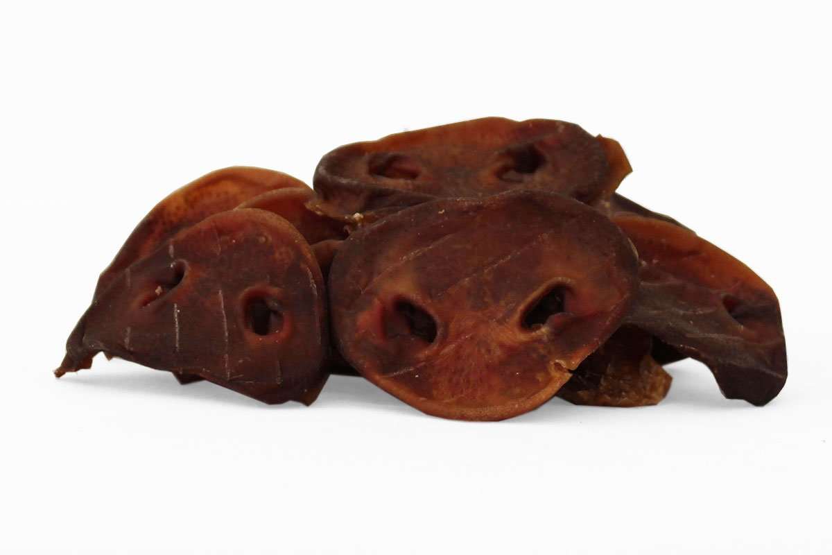 Dried pig snouts dog treats stacked on white background